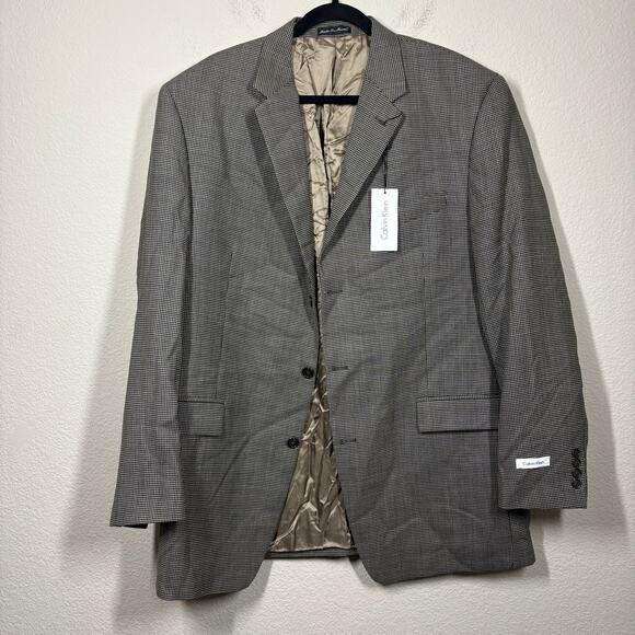 Calvin Klein Mens 46 Long Houndstooth Single Breasted Blazer Jacket Brown Wool - Picture 1 of 11